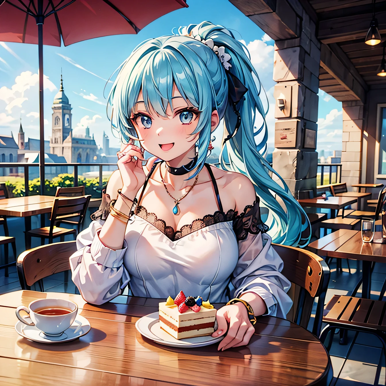 Anime Moe Art Style,highest quality,High resolution,Anatomically correct,One Girl,Mid-teens,Girl with light blue hair in a ponytail,Very detailed,Fantasy-style world,Off-the-shoulder tops,mini skirt,Big Breasts,Laughing with your mouth open,Bright smile,Rich expressiveness,Open Terrace Cafe,White round table、There is cake and tea on the table.,Detailed drawn eyes,hair ornaments,necklace,bracelet,ring,8k