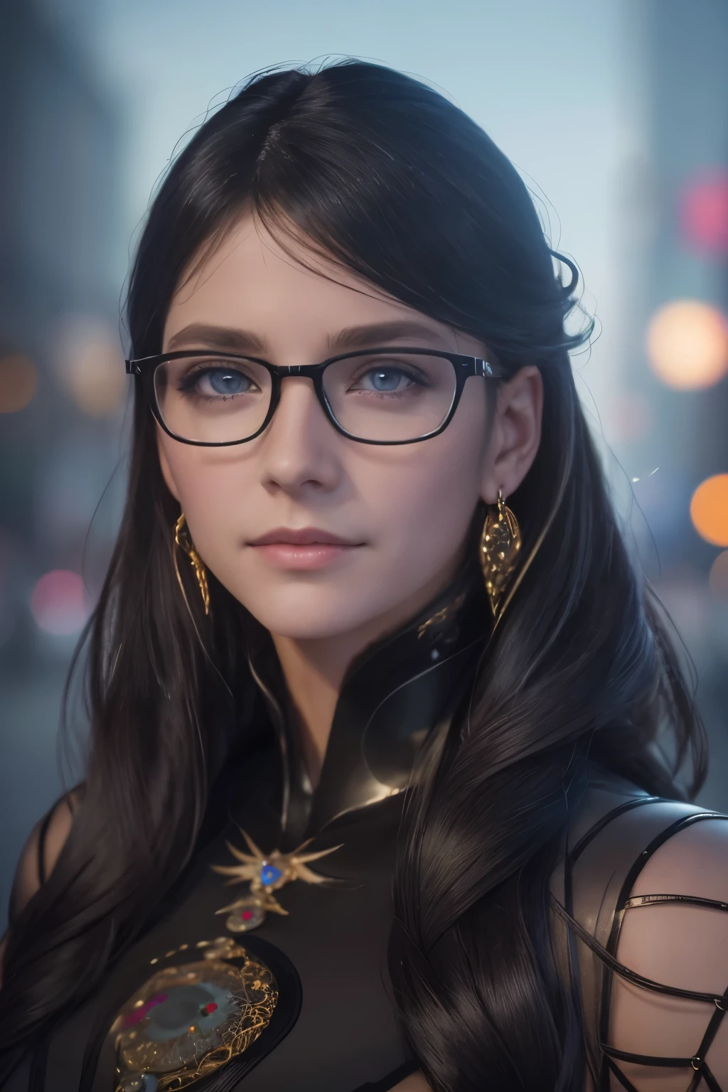 cereza, 1girl, solo, glasses, earrings, mole, blue eyes, gloves, ribbon, (bodysuit:1.2), (face focus:1.5), feathers, mole under mouth, future city background, (realistic:1.2), (realism), (masterpiece:1.2), (best quality), (ultra detailed), (8k), (intricate), (85mm), light particles, lighting, (highly detailed:1.2), (detailed face:1.2), (gradients), sfw, colorful, (detailed eyes:1.5), (detailed background), (rule of third_composition:1.3), (Line of action:1.2), beautiful face, highly detailed face, highly detailed skin, skin pores, subsurface scattering, (realistic), full face blush, full lips, detailed background, depth of field, volumetric lighting, sharp focus, absurdres, realistic proportions, good anatomy, (realistic, hyperrealistic:1.4), 16k hdr,