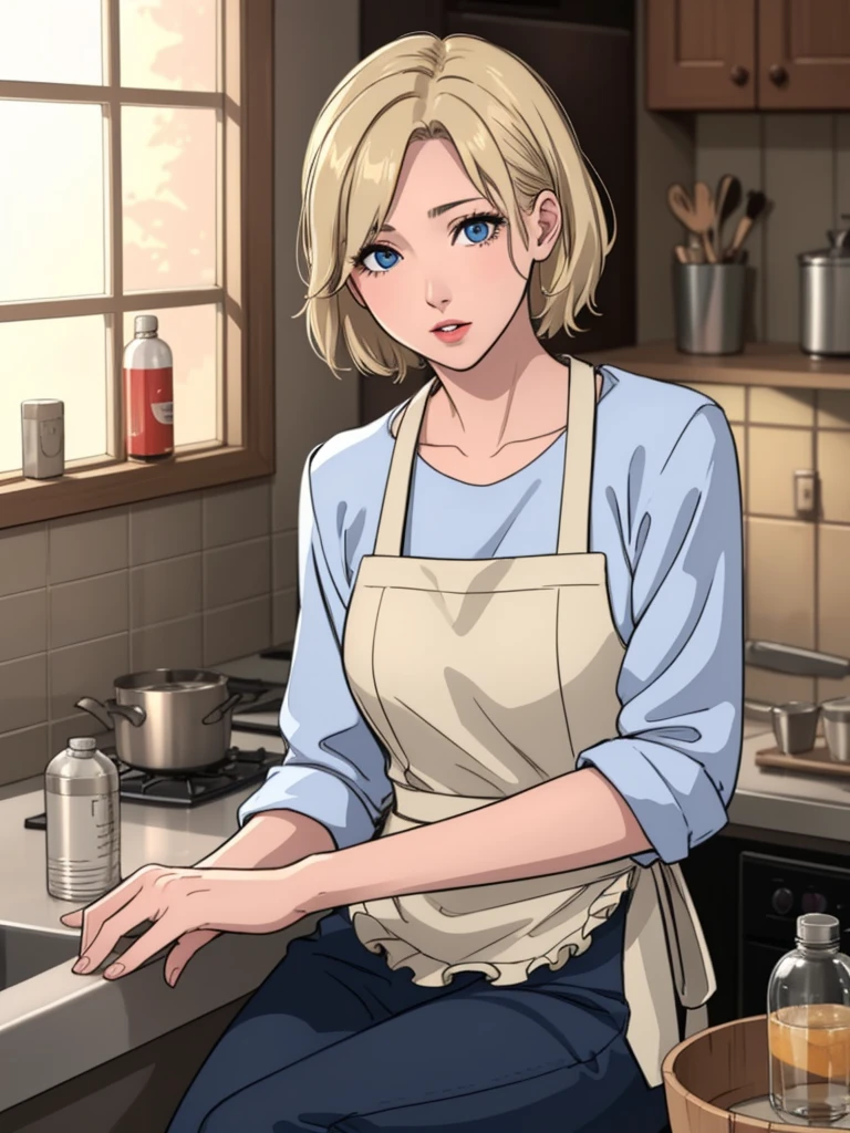 1woman, apron, sitting in kitchen, drinking bottle of water, blonde hair, blue eyes, detailed eyes and face, beautiful detailed lips, longeyelashes, high quality, photorealistic, studio lighting, realistic, dynamic pose, warm lighting, cozy kitchen interior, intricate details, soft colors, natural shadows