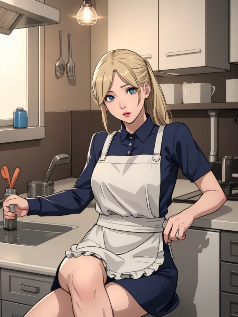 1woman, apron, sitting in kitchen, drinking bottle of water, blonde hair, blue eyes, detailed eyes and face, beautiful detailed lips, longeyelashes, high quality, photorealistic, studio lighting, realistic, dynamic pose, warm lighting, cozy kitchen interior, intricate details, soft colors, natural shadows