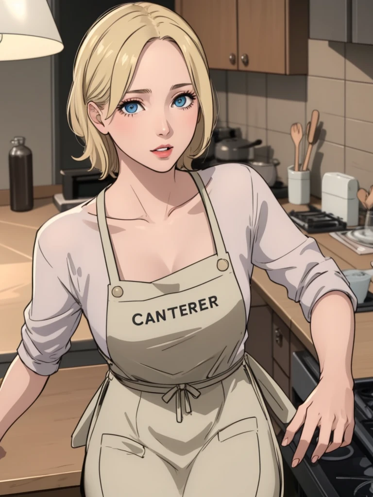 1woman, apron, sitting in kitchen, drinking bottle of water, blonde hair, blue eyes, detailed eyes and face, beautiful detailed lips, longeyelashes, high quality, photorealistic, studio lighting, realistic, dynamic pose, warm lighting, cozy kitchen interior, intricate details, soft colors, natural shadows