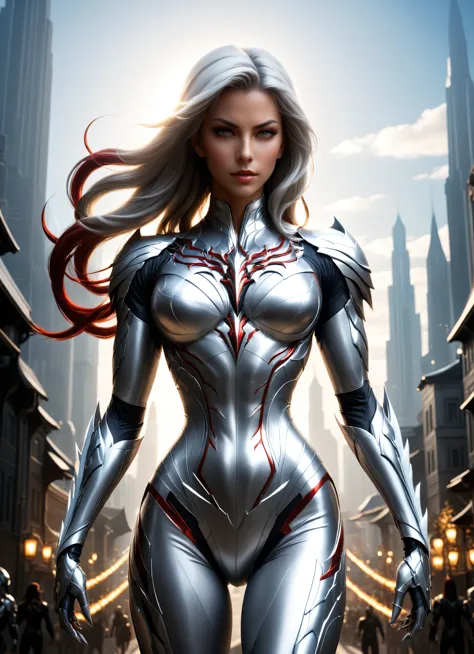 concept art (digital artwork:1.3) of (simple illustration:1.3) a woman in a silver and white costume standing in a city, from li...