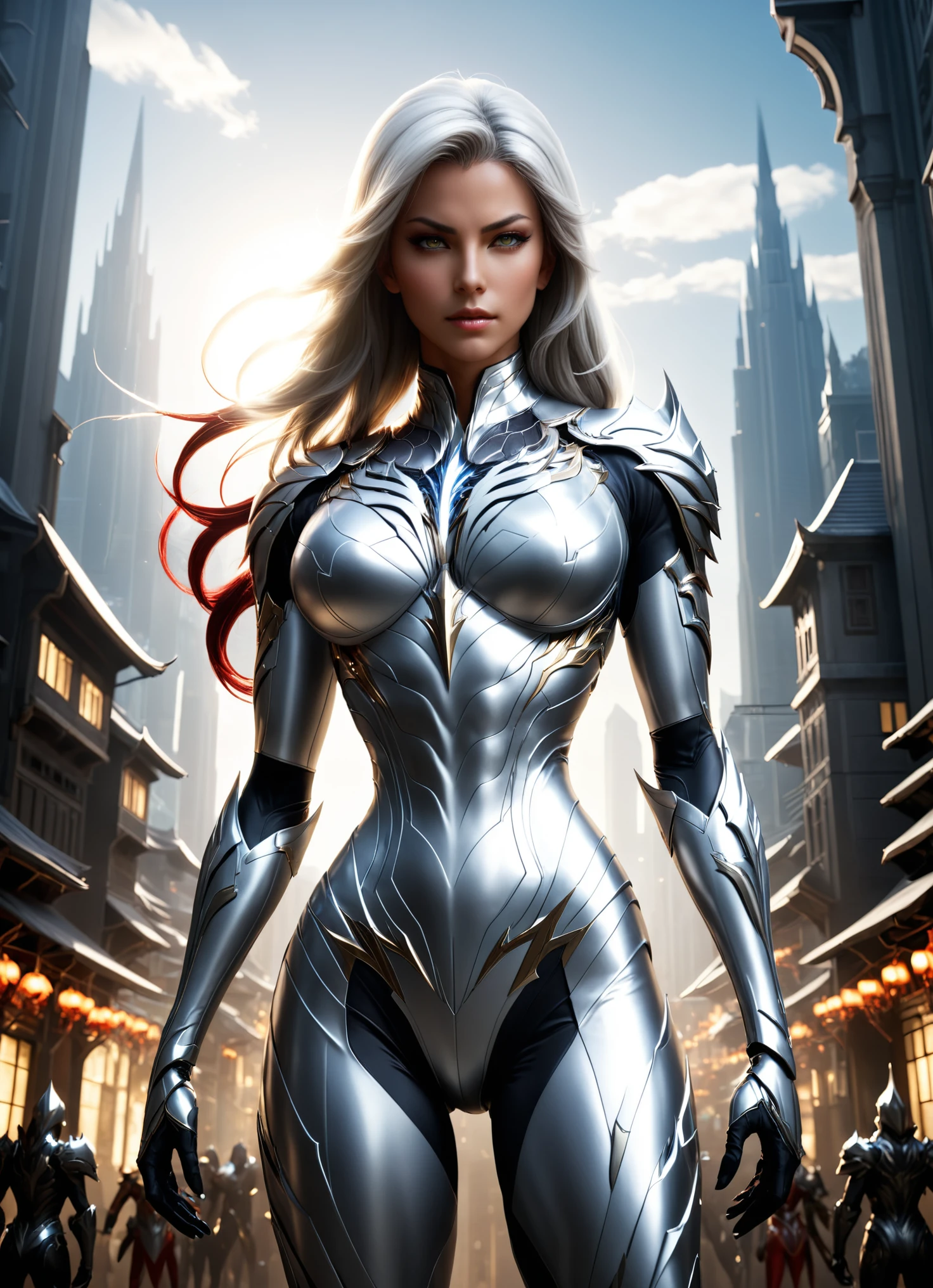 Arte conceptual (Obras de arte digitales:1.3) de (ilustración sencilla:1.3) una mujer vestida de blanco y plateado parada en una ciudad, del linaje 2, usando armadura de espada de bruja, linaje 2 estilo revolución, motor irreal render saint seiya, de a beautiful female warframe, from ncsdet, armadura plateada y ropa roja, personaje de fantasía hiperdetallado, juego de estilo square enix, motor irreal representa una diosa, 8k detalles de personajes CGSociety,estación de arte,(Bajo contraste:1.3) . Obras de arte digitales, ilustrativo, pictórico, pintura mate, muy detallado