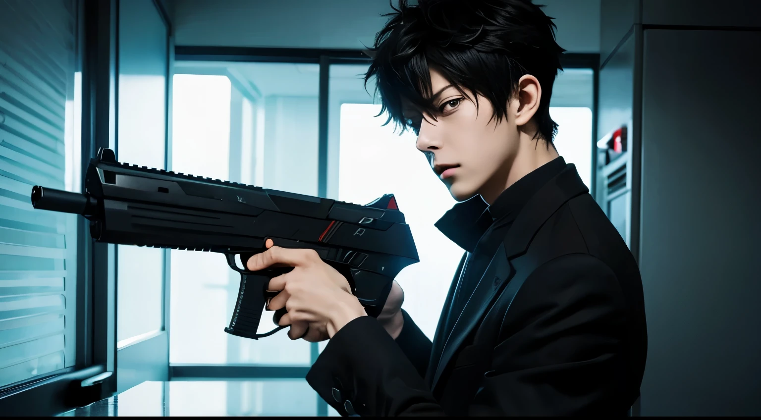 art style in the style of psycho pass, dominator gun, anime, kogami, wielding dominator gun