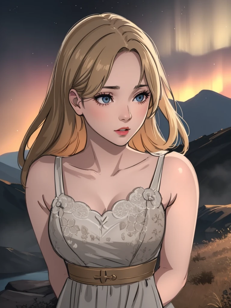 1 woman, standing, beautiful detailed eyes, beautiful detailed lips, extremely detailed face, long eyelashes, intricate hairstyle, elegant dress, cinematic lighting, fantasy landscape, mountainous background, glowing aurora, ethereal atmosphere, mist and fog, digital painting, award-winning art, photorealistic, 8k, high quality