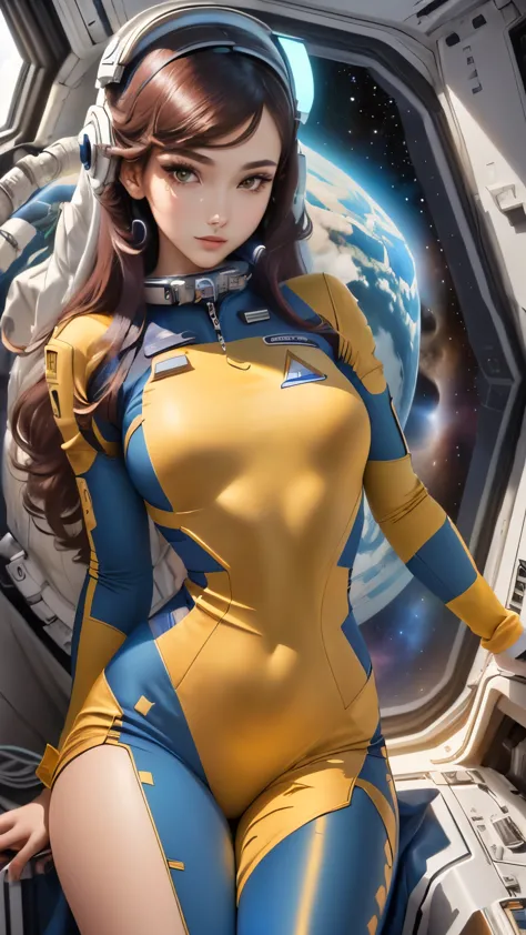 Arabian woman in sexy suit posing on space station,  スタートレックのアZia人女性, Dressed in an astronaut costume, girl in space, 60s sci-fi...