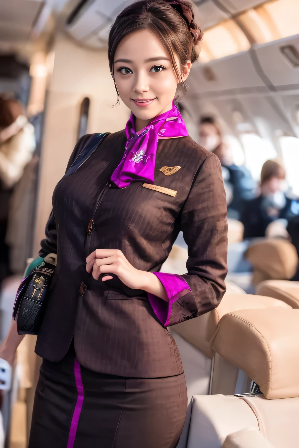 (шедевр:1.2、высшее качество:1.2)、32К HDR、Высокое разрешение、(один、1 девочка、Стройная фигура)、（Реалистичная копия униформы бортпроводников ETIHAD Airways.）、 (На борту, Профессиональное освещение)、Правильная женщина, красивое лицо,、（Униформа бортпроводников ETIHAD Airways с длинными рукавами）、（Юбка ETIHAD Airways Cabincrew Uniform с фиолетовой полосой спереди）、（шарф на груди）、большая грудь、（длинные волосы вверх、Пучок волос）、темно-коричневые волосы、дальний план、（（Отличные руки：2.0））、（（Гармоничные пропорции тела.：1.5））、（（Нормальные конечности：2.0））、（（Нормальный палец：2.0））、（（нежные глаза：2.0））、（（Нормальные глаза：2.0））)、красивая осанка стоя、улыбка
