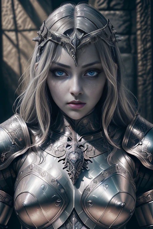 1girl in armor, beautiful detailed eyes, beautiful detailed lips, extremely detailed face and eyes, long eyelashes, armor with metallic textures, intricate armor design, medieval fantasy, cinematic lighting, dramatic shadows, muted color palette, chiaroscuro effects, atmospheric, majestic, heroic, powerful, cinematic, hyper-realistic, 8k, best quality, masterpiece