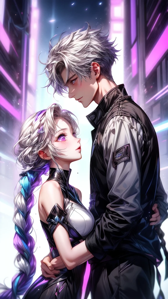 Disorganized、Man and woman couple、highest quality、Masterpiece、Official Art、16K、The best composition、The best light source、The girl has milky white hair with purple inner color, twin long braids, and black clothes in a cyberpunk style.、The man has milky white short hair and a cyberpunk look in white and light blue.、They are gazing at each other lovingly.、A kind smile、