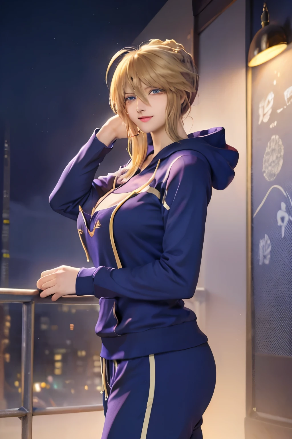 masterpiece, highest quality, Artoria Lancer, Braiding, Huge breasts, Purple hoodie, Sweat pants,Are standing, null, Cityscape, From the side, View Viewer, smile