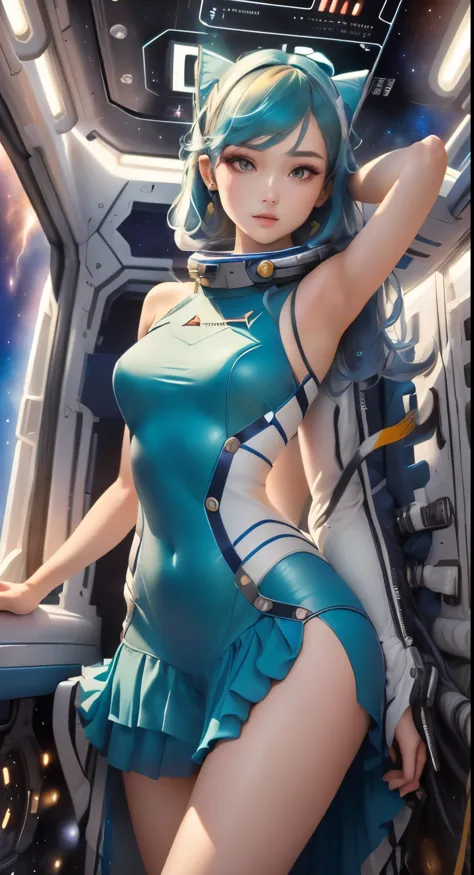 宇宙ステーションでポーズをとるsexyミニスカワンピーススーツを着たアラビアの女性,  スタートレックのアzia人女性,（mini skirt:1.4） ,dressed in an astronaut costume, girl in space,sex...