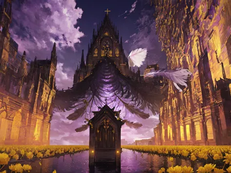 giant ((((cathedral made of feathers)))), wide FOV, unnatural sky, feeling of fear and tension, masterpiece, outdoors, ((purple ...