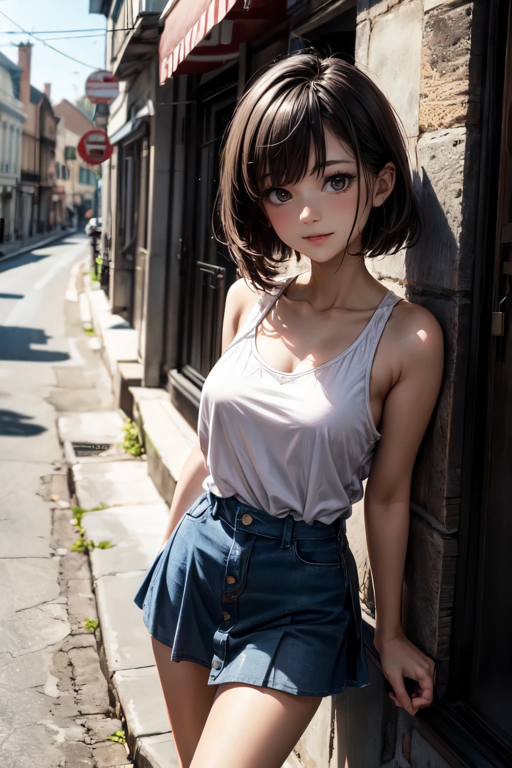 very cute and beautiful girl,(highly detailed beautiful face),pink tank top with many letters on chest,
standing,arms behind back,town street,frilled white mini skirt,(seductive smile),blush,black hair,mid shot,detailed legs,
(best quality,masterpiece),absurdres,highres,ultra-detailed,extremely detailed,32k,8k resolution,
intricate details,cinematic scene,detailed background,solo,dynamic angle,