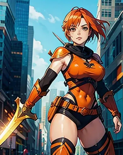 amazon warrior, woman, hero outfit, sword and shield, orange hair