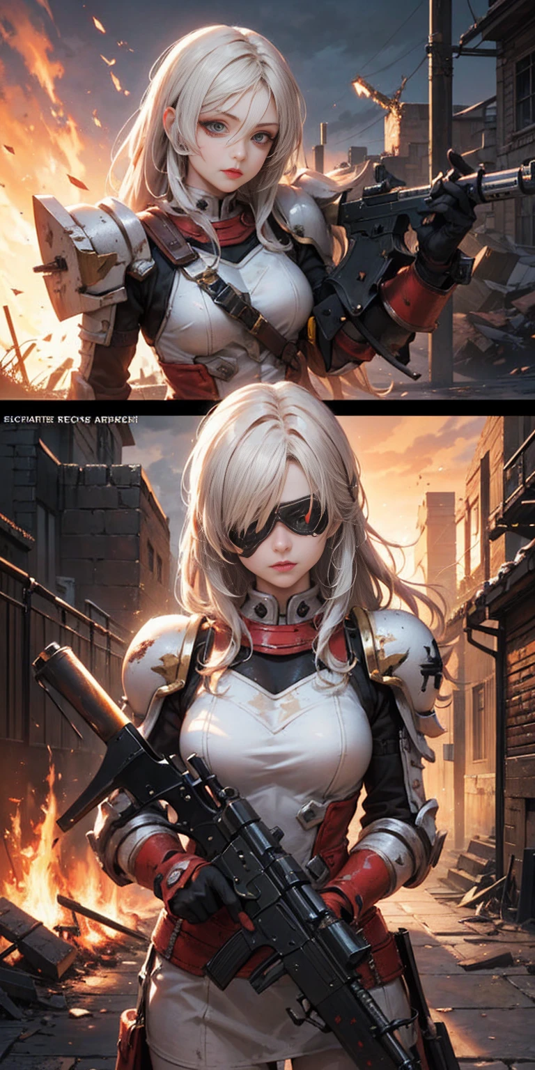 (masterpiece:1.2), (best quality:1.2), perfect eyes, perfect face, perfect lighting, 1girl, mature whsororitas with a laser rifle in her hands, scar over one eye, eyepatch, red tabard, white hair, warhammer 40k, chaos, fire, scifi, detailed ruined city background, power armor