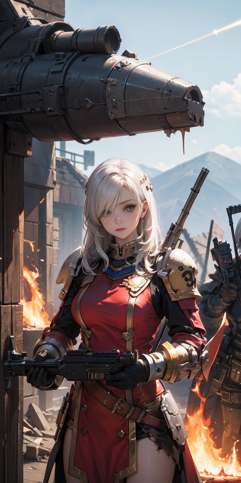 (masterpiece:1.2), (best quality:1.2), perfect eyes, perfect face, perfect lighting, 1girl, mature whsororitas with a laser rifle in her hands, scar over one eye, eyepatch, red tabard, white hair, warhammer 40k, chaos, fire, scifi, detailed ruined city background, power armor