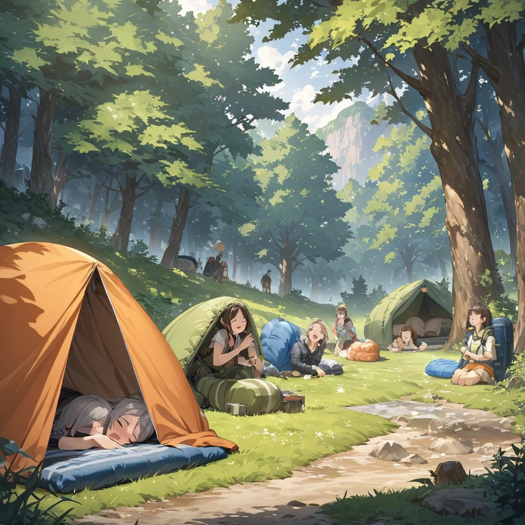 highest quality, masterpiece, Ultra-high definition portraits, Highly detailed background, anime character, A lively camp scene, Group of 3, Earth-toned camping gear, Laughing, (Sleeping bag, enter, wear), Forest groves and grassland, Girl rolling on the grass, Girls playing on the grass