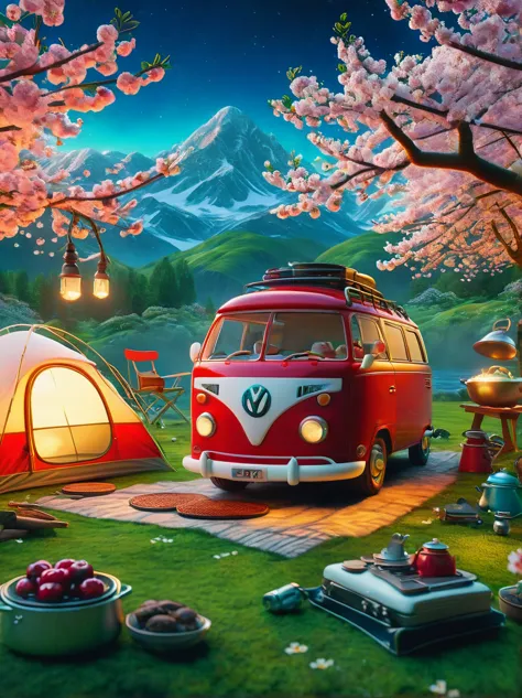 Create miniature images in a lovely wool felt world，(Spring camping site:1.3)，Have family，dog，Cherry blossoms，car，BBQ grill and ...