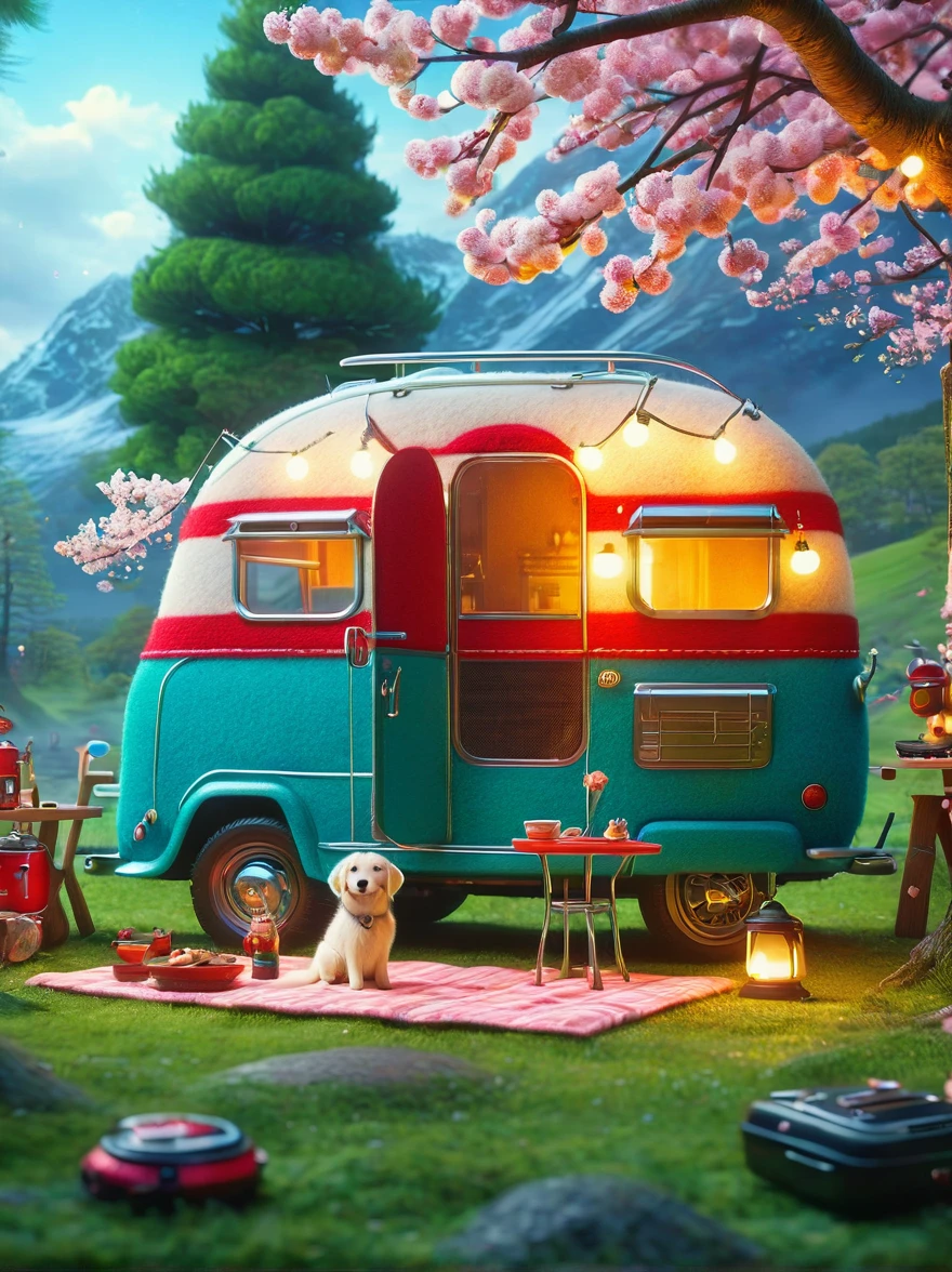 Create miniature images in a lovely wool felt world，(Spring camping site:1.3)，Have family，dog，Cherry blossoms，car，BBQ grill and spring landscape，The scene is rendered with lights，Using technology and style reminiscent of Pixar animations，Using Octane Render and Maxon Cinema 4D to generate highly detailed 3D，4K resolution images，Use warm light to emphasize mood lighting，And freeze the shot as a long shot or super long shot，To capture a wide range of details and atmosphere