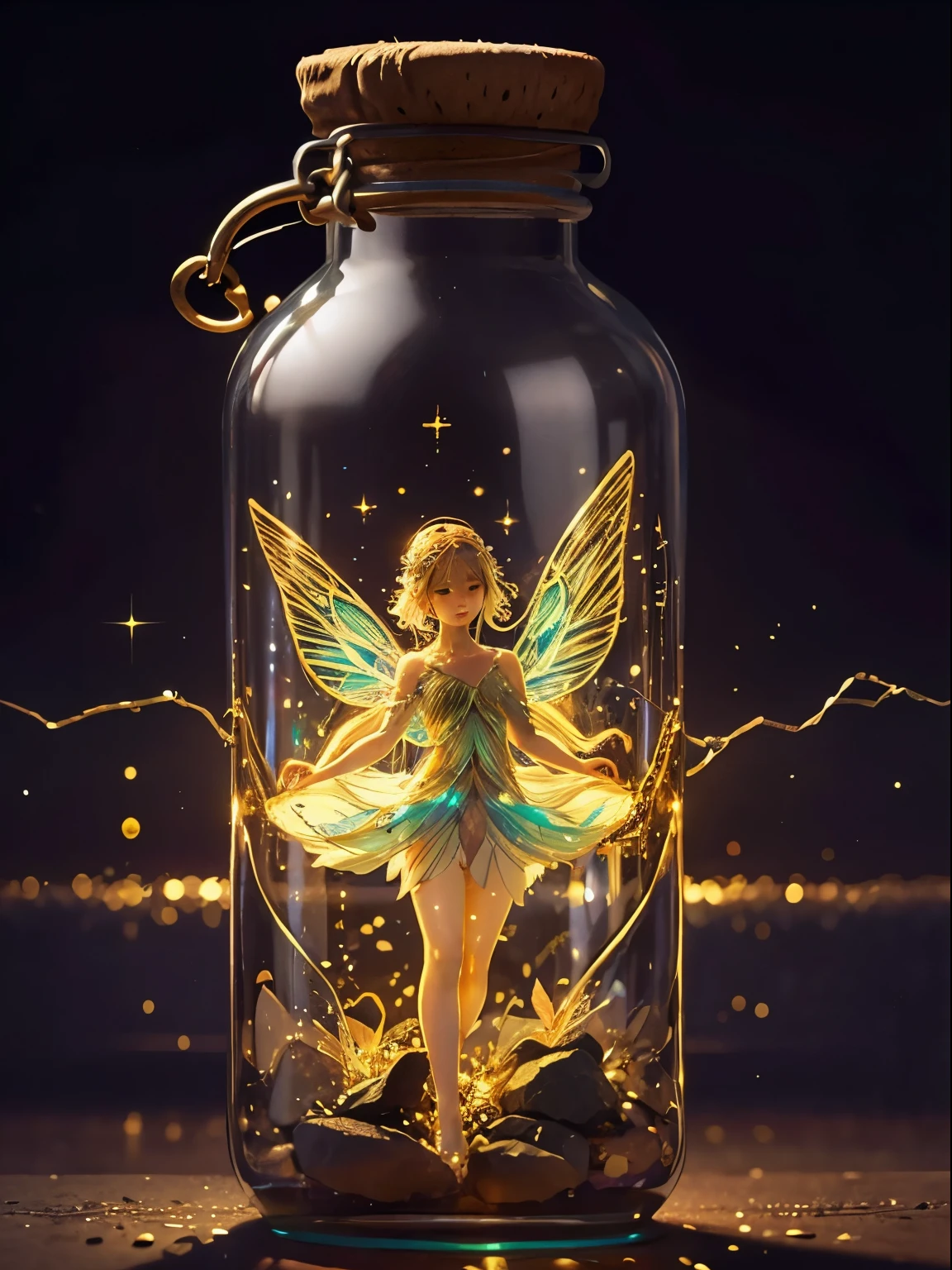 Generate an image of a delicate fairy trapped within a shimmering glass bottle, her iridescent wings folded gracefully, surrounded by faint traces of glowing magical dust that hint at her ethereal presence.