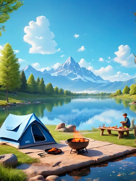 (1 boy:1.3)，trip，The real situation，(Tented campsite:1.5)，Spring Outing，lake，natural scenery，barbecue，Blue sky natural backgroun...