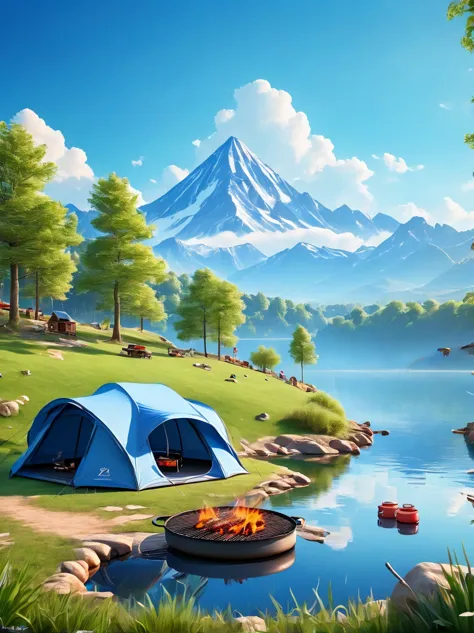 (1 boy:1.3)，trip，The real situation，(Tented campsite:1.5)，Spring Outing，lake，natural scenery，barbecue，Blue sky natural backgroun...