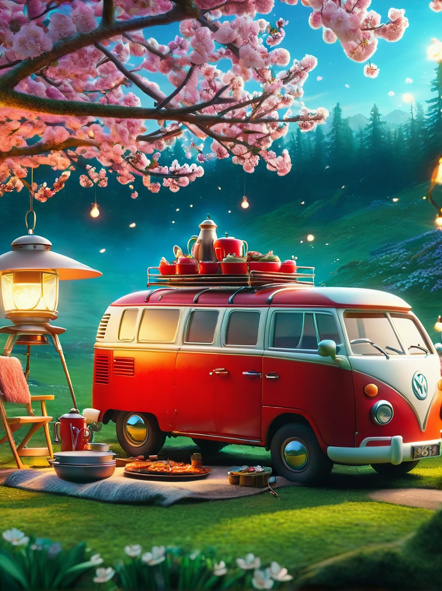 Create miniature images in a lovely wool felt world，(Spring camping site:1.3)，family，dog，Cherry blossoms，car，BBQ grill and spring landscape，The scene is rendered with lights，Using technology and style reminiscent of Pixar animations，Using Octane Render and Maxon Cinema 4D to generate highly detailed 3D，4K resolution images，Use warm light to emphasize mood lighting，And freeze the shot as a long shot or super long shot，To capture a wide range of details and atmosphere