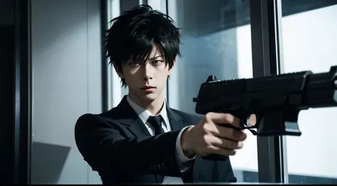 art style in the style of psycho pass, dominator gun, anime, kogami, wielding dominator gun, metro, window with light