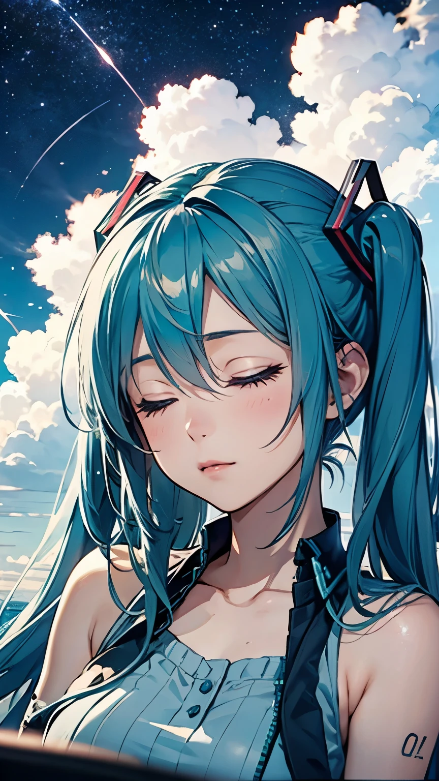 Hatsune Miku en dormant sur un nuage、ciel étoilé