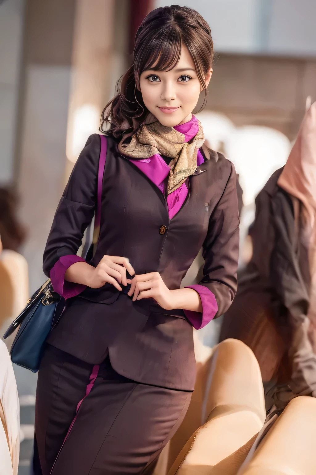 (masterpiece:1.2、highest quality:1.2)、32K HDR、High resolution、(alone、1 girl、Slim figure)、（A realistic reproduction of the ETIHAD Airways Cabincrew Uniform）、 (On board, Professional Lighting)、A proper woman, Beautiful Face,、（Long sleeve ETIHAD Airways Cabincrew Uniform）、（ETIHAD Airways Cabincrew Uniform skirt with purple stripe on the front）、（scarf on chest）、Big Breasts、（Long Hair Up、Hair Bun）、Dark brown hair、Long Shot、（（Great hands：2.0））、（（Harmonious body proportions：1.5））、（（Normal limbs：2.0））、（（Normal finger：2.0））、（（Delicate eyes：2.0））、（（Normal eyes：2.0））)、Beautiful standing posture、smile