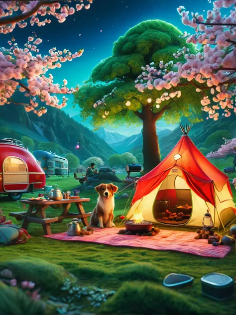 Create miniature images in a lovely wool felt world，(Spring camping site:1.3)，family，dog，Cherry blossoms，tent，BBQ grill and spri...