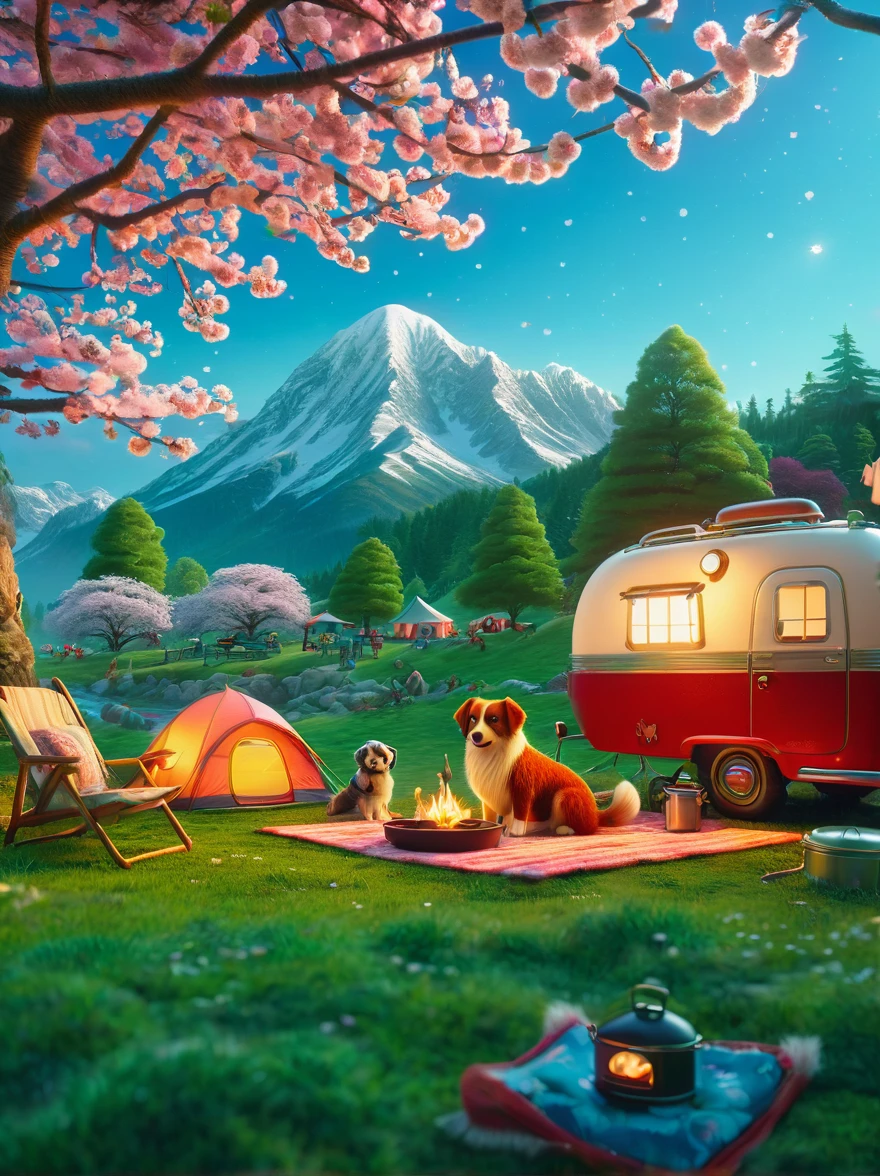 Создавайте миниатюрные изображения в прекрасном мире шерстяного фетра.，(Весенний кемпинг:1.3)，семья，Собака，Цветение вишни，палатка，Гриль-барбекю и весенний пейзаж，Сцена визуализируется с освещением，Использование технологий и стиля, напоминающего анимацию Pixar.，Использование Octane Render и Maxon Cinema 4D для создания высокодетализированного 3D-изображения.，Изображения с разрешением 4K，Используйте теплый свет, чтобы подчеркнуть настроение.，И заморозьте кадр как дальний или сверхдальний план.，Чтобы передать широкий спектр деталей и атмосферы.