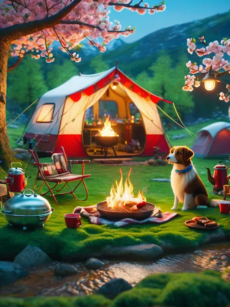 Create miniature images in a lovely wool felt world，(Spring camping site:1.3)，family，dog，Cherry blossoms，tent，BBQ grill and spri...