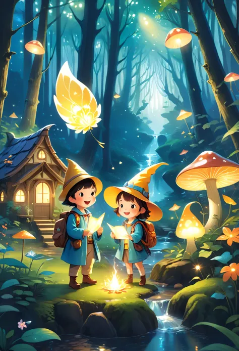 Cute illustrations,Children having adventures in the magical forest。wood々While running between、Play with strange creatures with ...