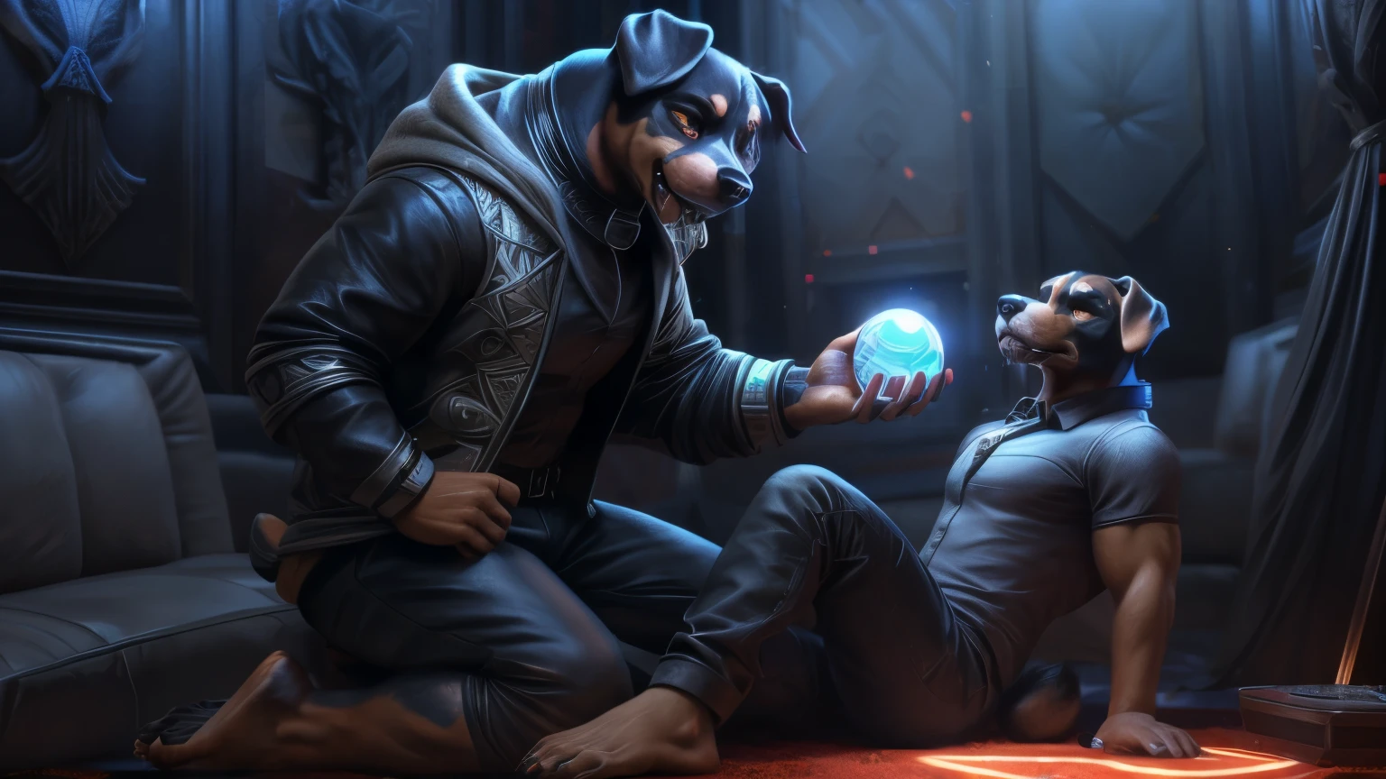 (((2 barefoot rottweilers))), (((full body))), (((cinematic setting))),

Side view on older rottwailer in suit kneeling in front of little hypnotised rottweiler pup in common teenage clothes, older rottwailer holding red glowing crystal ball, rottweiler pup is drooling and his eyes glows red.

BREAK, detailed background), 8K, (masterpiece:1.5), intricate details, highly detailed, extreme detail, octane render, fine art, best quality, highres, (detailed face:1.5), ((full_body)), UHD, (((perfect hands)))