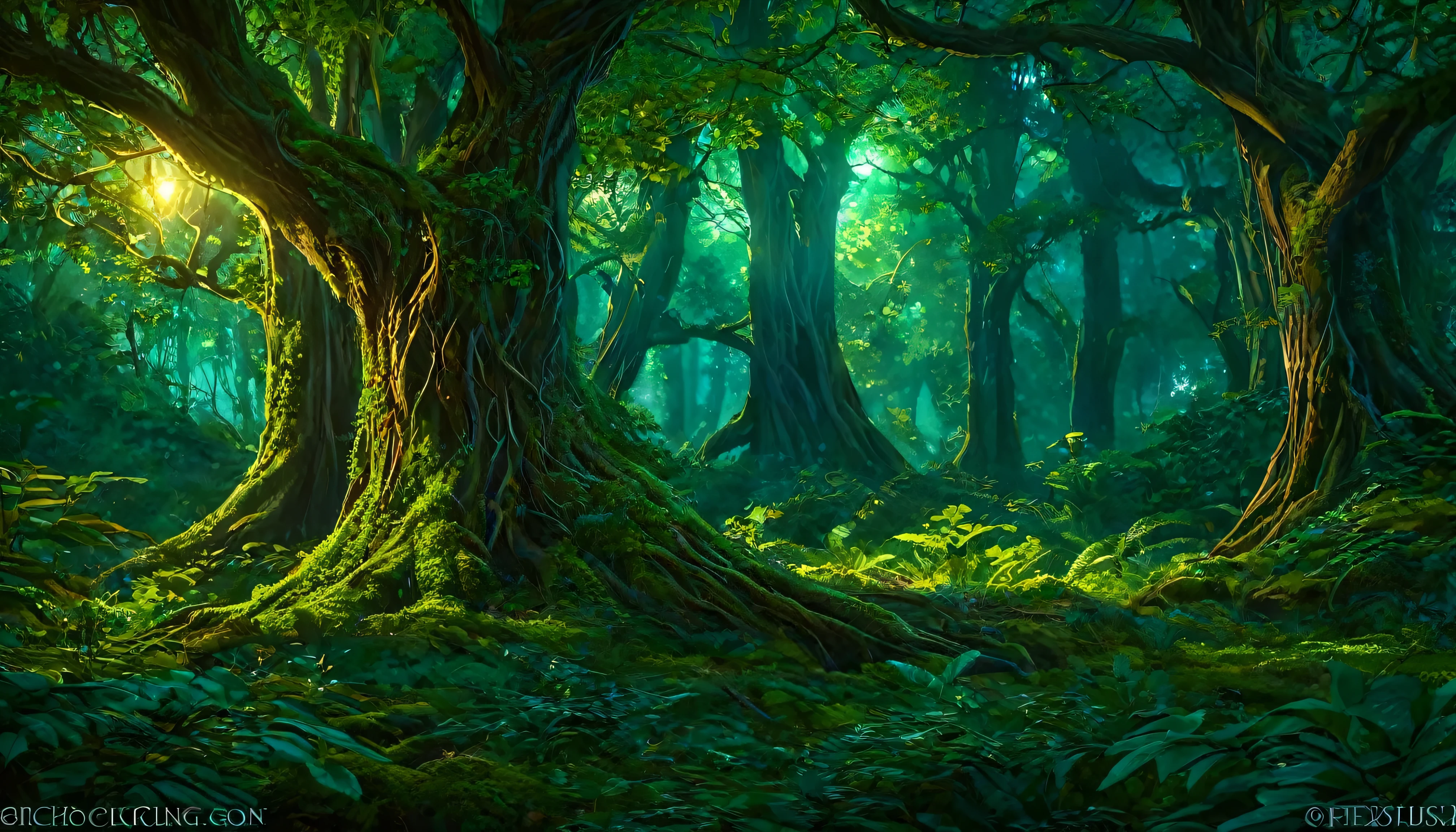 (animé, fantaisie), (Meilleure qualité, haute résolution, profondeur de champ, HDR:1.2), (A majestueux ancient elven forest, arbre ancien et dense, feuillage dense et luxuriant, végétation unique), paysages fantastiques, couleurs vives, majestueux, enchanté, runes elfiques, (atmosphère sombre et sombre). A mesmerizing fantaisie with enchanting elements blending seamlessly, Beau, extrêmement détaillé, complexe, délicat, serene fantaisie, la lumière filtre à travers les arbres, bokeh, Éclairage cinématographique, 8k, Haute qualité