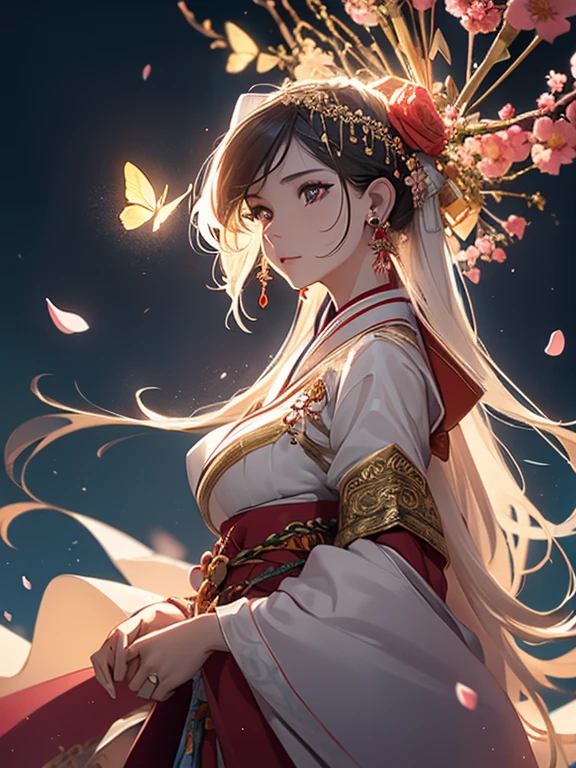 ((best quality)), ((masterpiece)), (detailed), 16 year old Asian teen, Long Peach hair with thick waves, fluid dynamics, small breasts, slim hips, slender thighs, (model body dressed in hanbok), (flowing Korean hanbok), (ruby colored Korean hanbok), brilliant golden halo, tangled, highest detailed, (zentangle:1.2), (dynamic pose), (abstract background:1.3), (earrings:1.4), (flower:1.3), (dress decorated with roses), (white skin), rose, Ultra-realistic and vivid textures, floating petals in the background, extremely detailed, dynamic angle, the most beautiful form of chaos, elegant, vivid colours, romanticism, atmospheric, cherry blossoms and butterflies blowing in the wind, psychedelic cosmic dreamlike aesthetic atmospheric background, hyper-detailed painting, bio-luminescence, ​​clouds，colorful，starry，intricately detailed, awesome full color, ethereal background, abstract beauty, golden ratio, concept art, intricate details, high resolution, highly detailed, nostalgia, romantic, k, award winning illustration, realistic light, ultra-detailed, high quality concept art, Chinese traditional ink painting, realistic light, ultra-detailed, high quality concept art, inspired by Daiqing Tana and Haya.