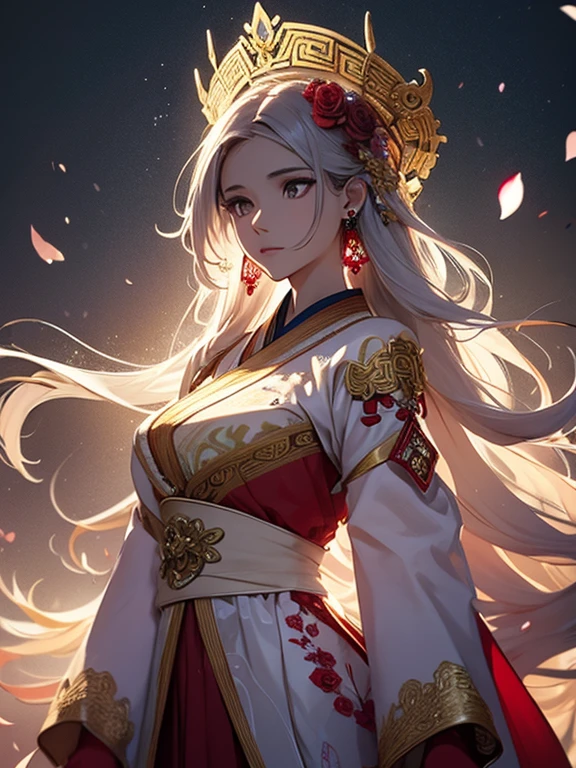 ((best quality)), ((masterpiece)), (detailed), 16 year old Asian teen, Long Peach hair with thick waves, fluid dynamics, small breasts, slim hips, slender thighs, (model body dressed in hanbok), (flowing Korean hanbok), (ruby colored Korean hanbok), brilliant golden halo, tangled, highest detailed, (zentangle:1.2), (dynamic pose), (abstract background:1.3), (earrings:1.4), (flower:1.3), (dress decorated with roses), (white skin), rose, Ultra-realistic and vivid textures, floating petals in the background, extremely detailed, dynamic angle, the most beautiful form of chaos, elegant, vivid colours, romanticism, atmospheric, cherry blossoms and butterflies blowing in the wind, psychedelic cosmic dreamlike aesthetic atmospheric background, hyper-detailed painting, bio-luminescence, ​​clouds，colorful，starry，intricately detailed, awesome full color, ethereal background, abstract beauty, golden ratio, concept art, intricate details, high resolution, highly detailed, nostalgia, romantic, 64k, award winning illustration, realistic light, ultra-detailed, high quality concept art, Chinese traditional ink painting, realistic light, ultra-detailed, high quality concept art, inspired by Daiqing Tana and Haya.