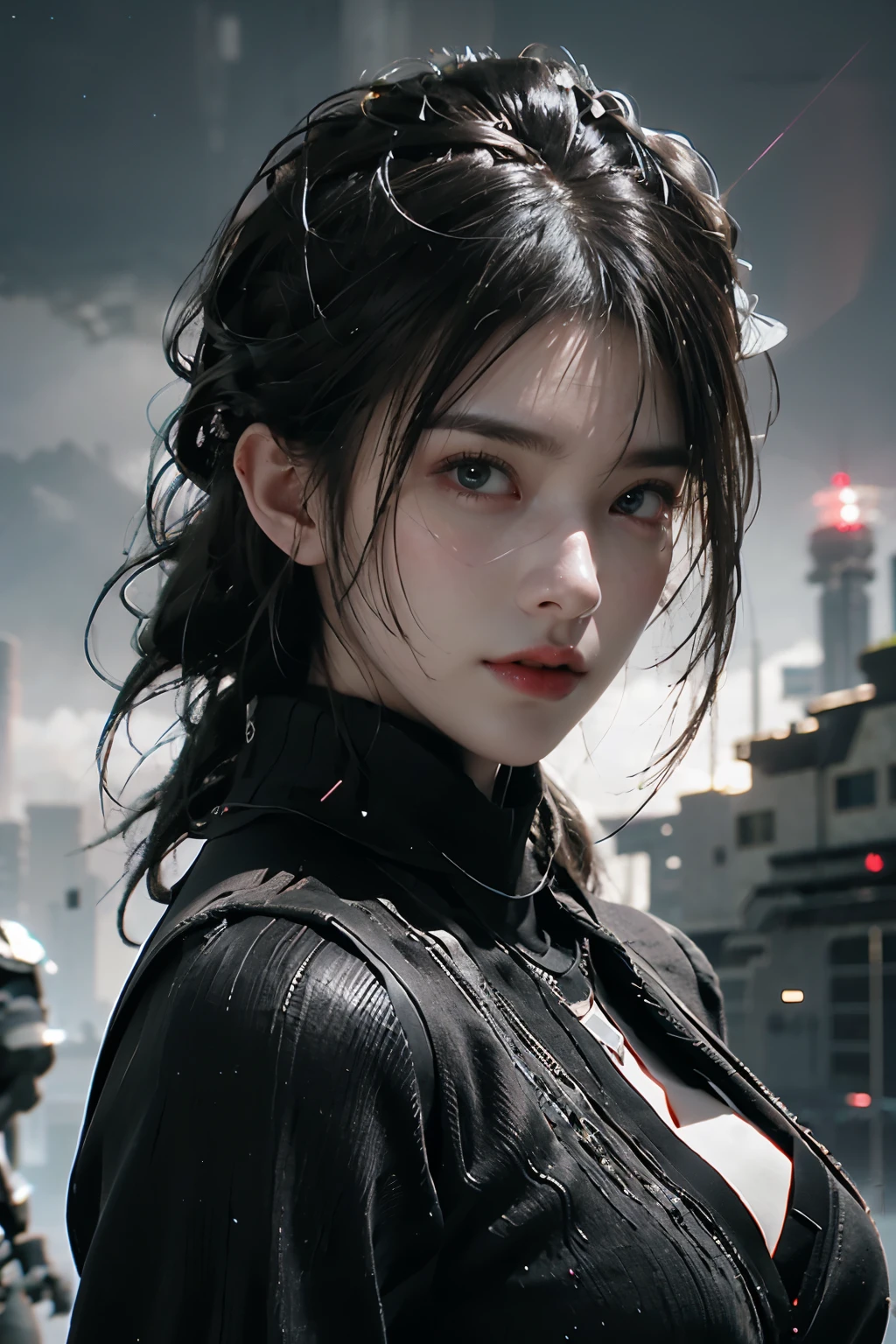 Game art，The best picture quality，Highest resolution，8K，((A bust photograph))，((Portrait))，(Rule of thirds)，Unreal Engine 5 rendering works， (The Girl of the Future)，(Female Warrior)，22-year-old girl，(Long hair casual)，(Future-style military wear，A beautiful eye full of detail)，(Big breasts)，(Eye shadow)，Elegant and charming，Smile，(frown)，(Clothes full of futuristic sci-fi style，Sweater，A delicate pattern，Glittering jewels，Armor，White and red)，Cyberpunk Characters，Future Style， Photo poses，Street background，Movie lights，Ray tracing，Game CG，((3D Unreal Engine))，oc rendering reflection pattern