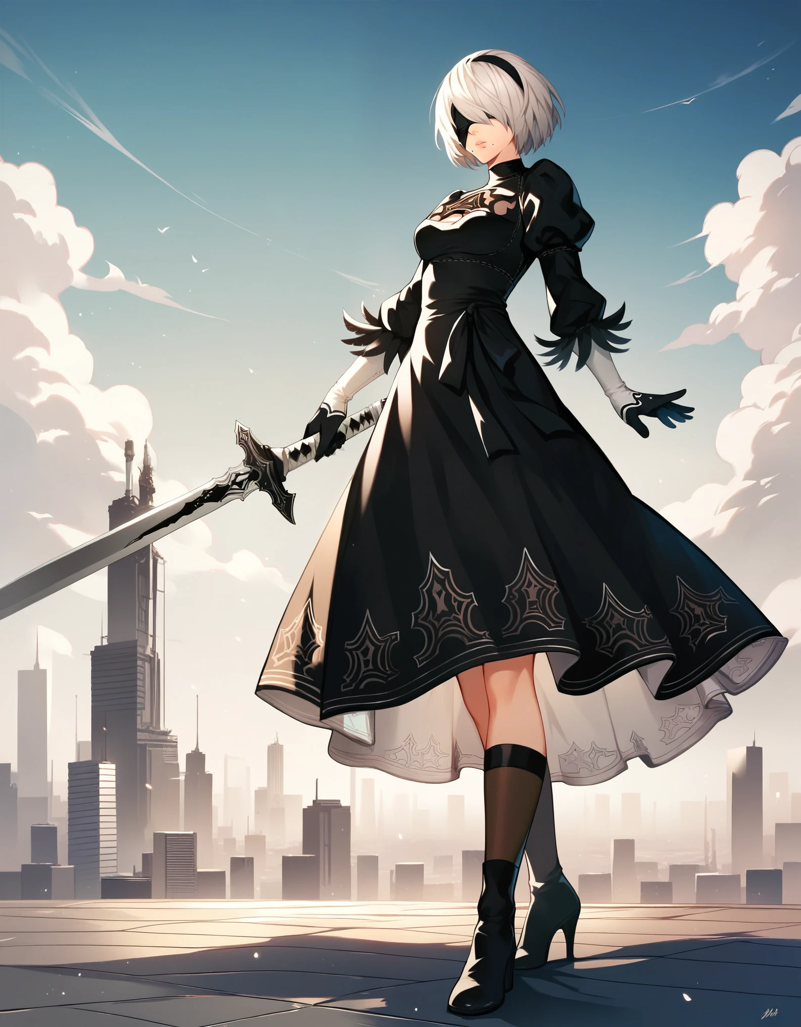 score_9, score_8_up, score_7_up, rating_safe,
9s_(nier:automata), nier_(series), white_hair, covered_eyes,
armored dress,
gargantuan,
Clivia,
Cityscape,
