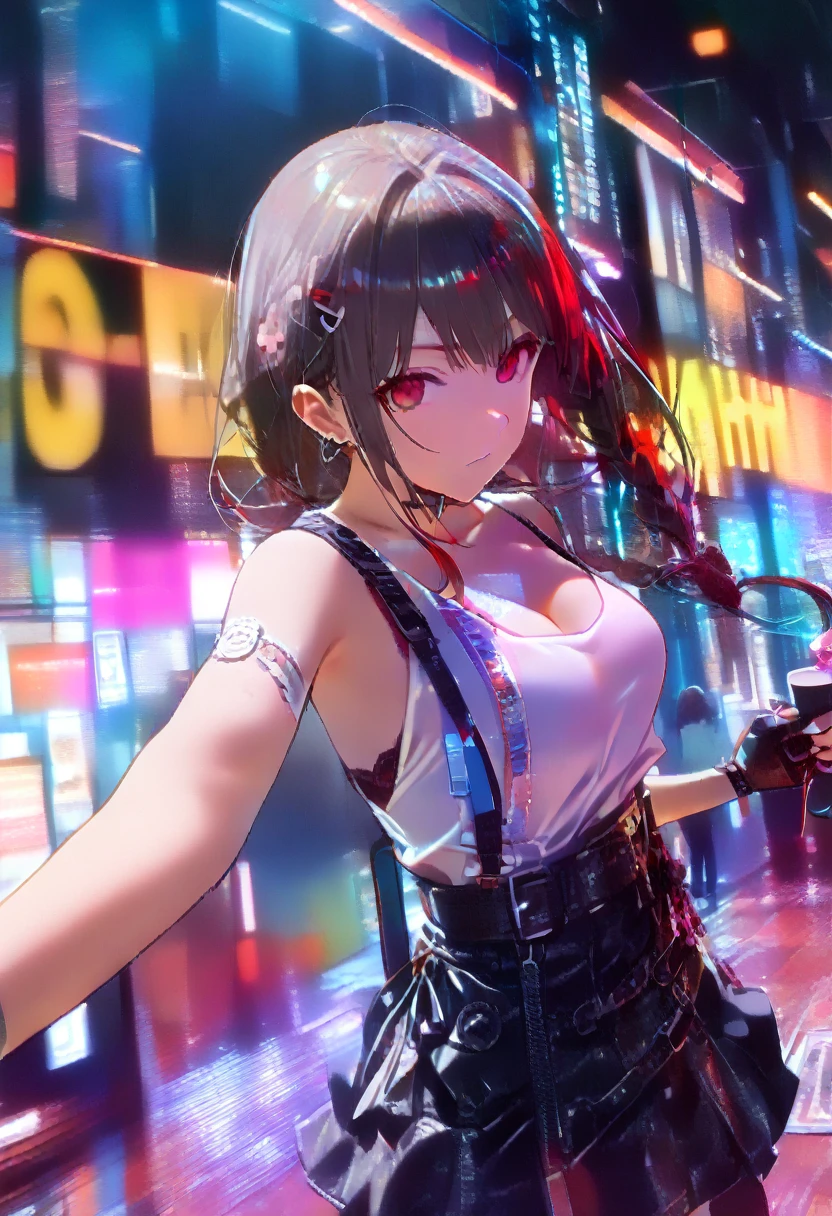 8K resolution, (highest quality), (masterpiece), 1girl,sakamata chloe,hololive , cyberpunk style in black, white, grey and neon colors, energy-filled illustrations with dynamic brushstrokes in the style of a storybook illustration