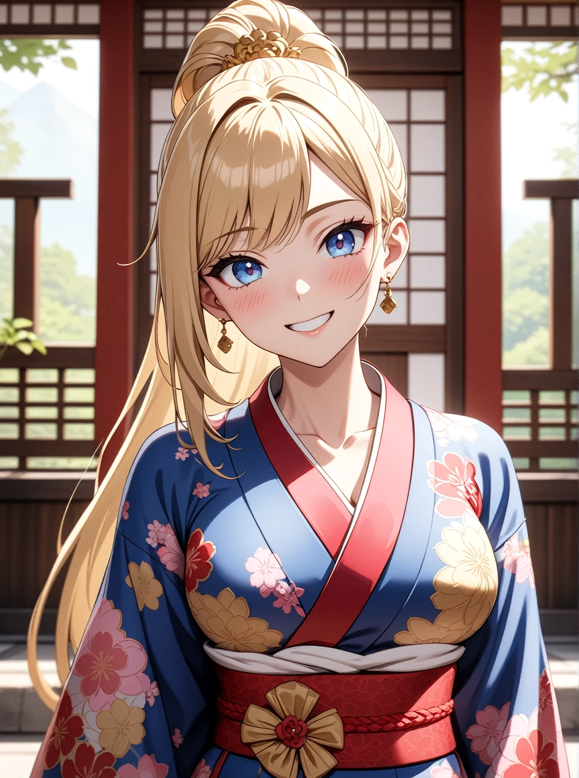 ((One woman)), Beautiful Face,Laughing embarrassedly,Blushing,Glossy Lips,Abstract, Japanese-style room in a temple, ((Anime style background)),masterpiece, highest quality, so beautiful, Absurd, up to date, Complex details, Pink long nails,AI-generated, Complex,High resolution, highest quality, super high quality,3D Images、View the viewers、3D Images,one person,Long Blonde Hair,(Hair with dark hairline),High Ponytail,blue eyes,Anime woman posing for a photo, [[Fine grain、Colorful eyes、Shining Eyes:1.15]],(Squint your eyes:1.1),a hyperRealistic , hyperRealistic , Realistic , Blonde anime woman with long hair, Smooth anime CG art, A woman in a colorful kimono with gold embroidery, Black kimono,Yukata with pink floral pattern,Flower Hair Ornaments,Earrings,(Large Breasts:1.4),Mature Body,Sweat all over,tall,Big Ass,Fine details,Six-pack,Tilt your face,(Vagina overflowing with semen)