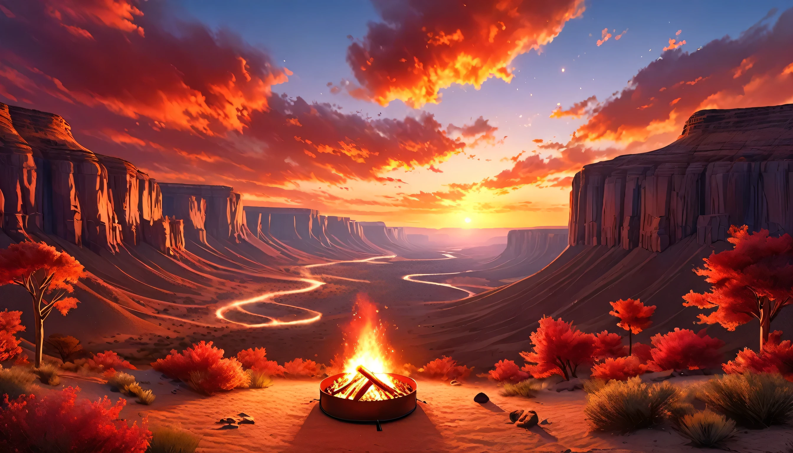 阿拉費德, 露營的照片 (帳篷: 1.2) 和小 (營火: 1,2), 在沙漠山頂上, 夕陽西下，天空呈現出不同的色調  (紅色的: 1.1), (橘子: 1.1), (天藍色: 1.1) (紫色的:1.1) 火營冒出濃煙, 可以看到沙漠峽谷和溝壑的壯麗景色, 地平線上有稀疏的樹木, 這是一個寧靜的時刻, 和平, 和放松, 最好的品質, 16k,  照片寫實主義, 國家地理獲獎攝影作品, 超廣角鏡頭, 憤怒星雲, 淑女影子