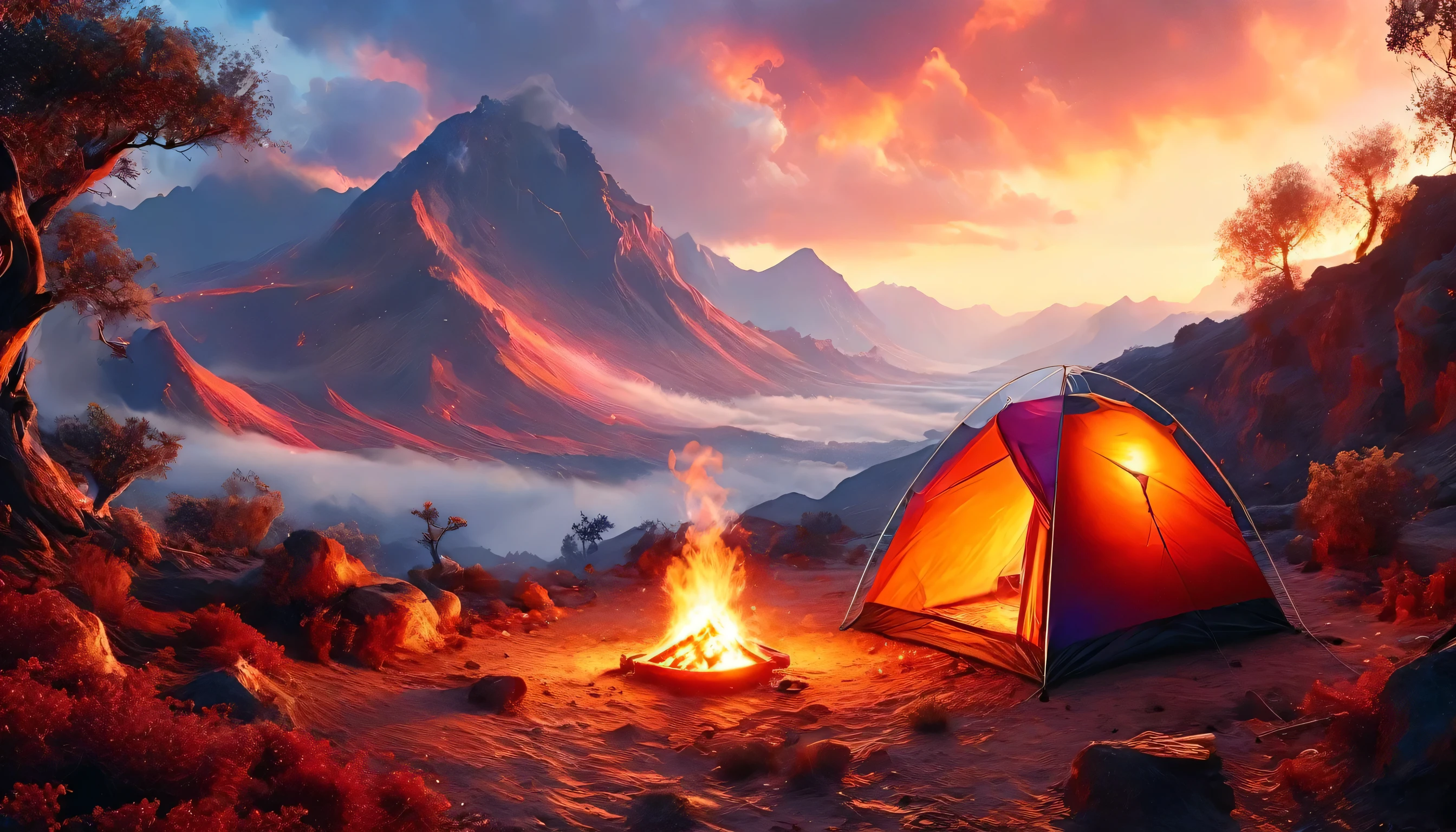 arafed, a picture of a camping (tent: 1.2) and small (campfire: 1.3) ((near)) the tent, on a desert mountaintop, its sunset the sky are in various shades of  (red: 1.1), (orange: 1.1), (azure: 1.1) (purple:1.1) there is smoke rising from the fire camp, there is a magnificent view of the desert canyon and ravines, there is sparce trees on the horizon, it is a time of serenity, peace, and relaxation, best quality, 16K,  photorealism, National Geographic award winning photoshoot, ultra wide shot, RagingNebula, ladyshadow