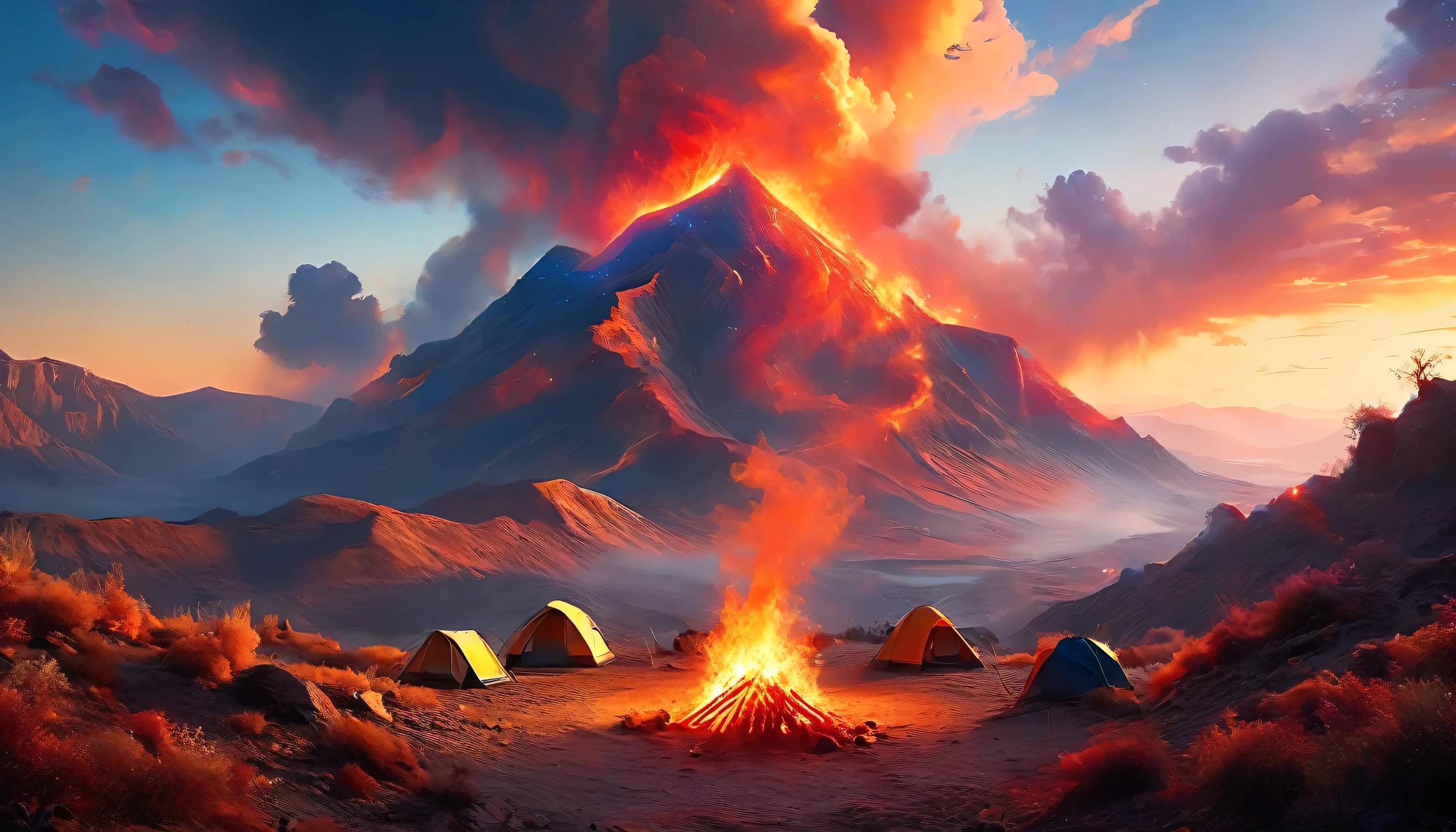 arafed, uma foto de um acampamento (tent: 1.2) e pequeno (fogueira: 1,2), no topo de uma montanha deserta, seu pôr do sol o céu está em vários tons de  (vermelho: 1.1), (laranja: 1.1), (Azul: 1.1) (roxo:1.1) há fumaça subindo do acampamento de bombeiros, há uma vista magnífica do desfiladeiro do deserto e das ravinas, há árvores esparsas no horizonte, é um momento de serenidade, paz, e relaxamento, melhor qualidade, 16k,  fotorrealismo, Sessão fotográfica vencedora do prêmio National Geographic, foto ultra ampla, Nebulosa Furiosa, senhora sombra