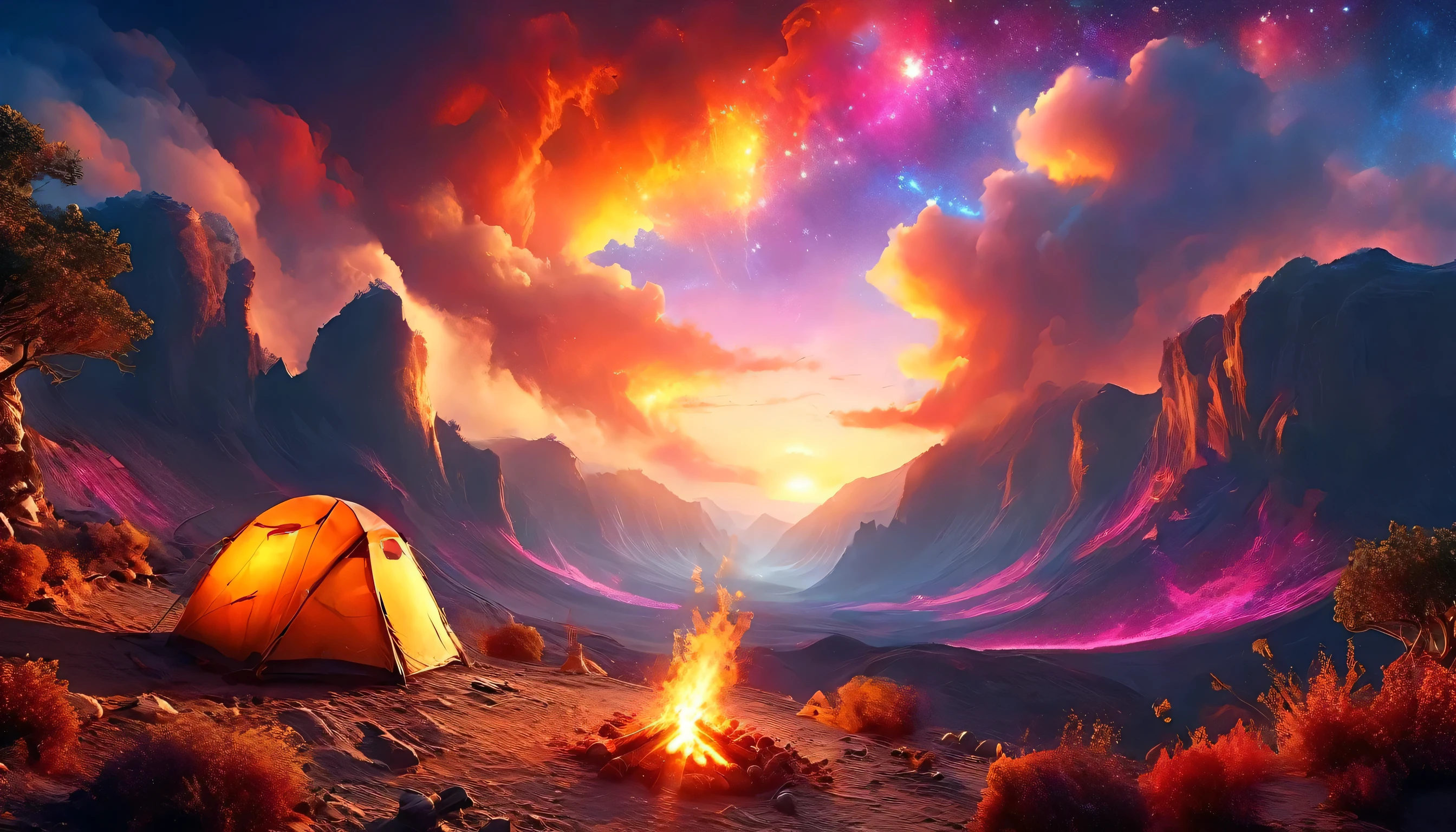 Arafed, une photo d&#39;un camping (Tente: 1.2) et petit (feu de camp: 1,2), au sommet d&#39;une montagne déserte, son coucher de soleil, le ciel est dans différentes nuances de  (rouge: 1.1), (orange: 1.1), (Azur: 1.1) (violet:1.1) il y a de la fumée qui s&#39;élève du camp de pompiers, il y a une vue magnifique sur le canyon et les ravins du désert, il y a des arbres rares à l&#39;horizon, c&#39;est un moment de sérénité, paix, et détente, meilleure qualité, 16k,  photoréalisme, Séance photo primée par le National Geographic, plan ultra large, nébuleuse enragée, ombre de dame