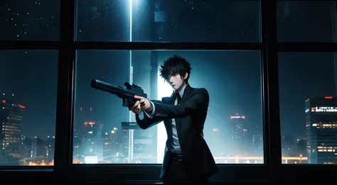 art style in the style of psycho pass, dominator gun, anime, kogami, wielding dominator gun, dark metro, window with light, nigh...