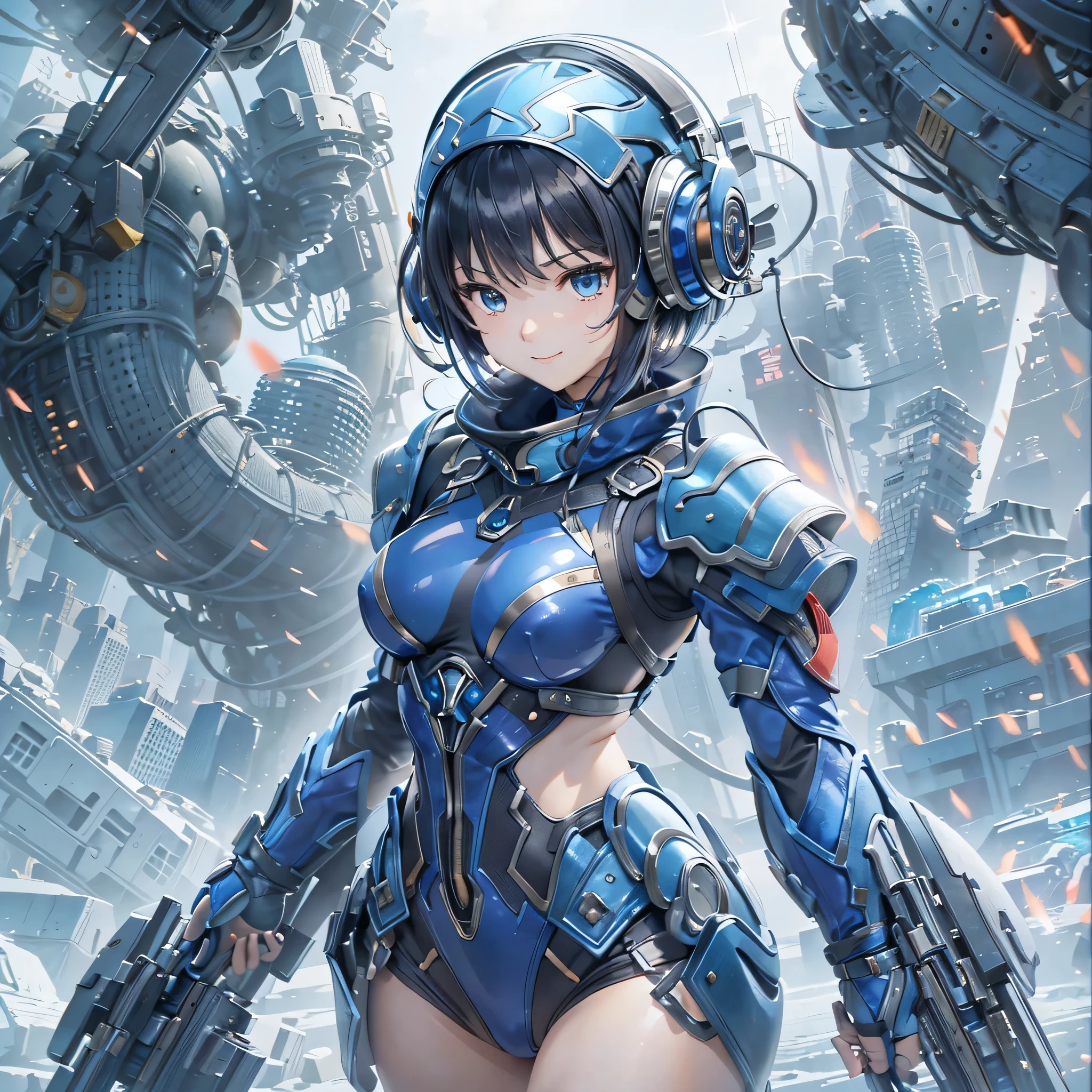 (masterpiece、highest quality、Highest Resolution、Clear_image、Detailed details、Angle from above): (Whole body、One 20 year old girl、Japanese Faces、Small Face、Slender、Navy blue super short bob cut hair、(Hidden small breasts:1.3)、Sparkling blue eyes、Shiny pilot suit in blue and black colors、Chest protection armor、Tight fitting clothes、Clothing that covers the whole body、Glamorous clothes、Tight Fit Pants、Hide your skin、Very delicate and beautiful、Detailed Skin、hide thighs、Hide your ass、Cute、A gentle smile、Soft expression、heroine、headset、Knee-high boots、Elbow-length gloves、Eye Level Shot、Face directly、Woman on a spaceship)