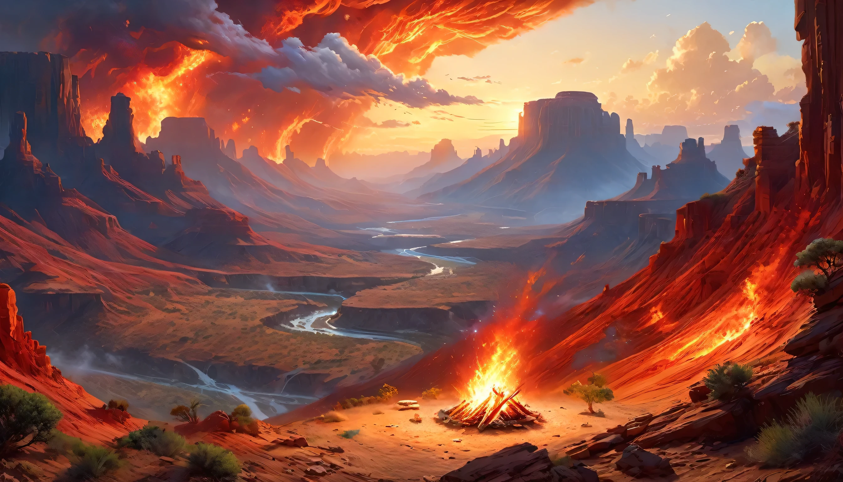Arafed, une photo d&#39;un camping (Tente: 1.2) et petit (feu de camp: 1,2), au sommet d&#39;une montagne déserte, son coucher de soleil, le ciel est dans différentes nuances de  (rouge: 1.1), (orange: 1.1), (Azur: 1.1) (violet:1.1) il y a de la fumée qui s&#39;élève du camp de pompiers, il y a une vue magnifique sur le canyon et les ravins du désert, il y a des arbres rares à l&#39;horizon, c&#39;est un moment de sérénité, paix, et détente, meilleure qualité, 16k,  photoréalisme, Séance photo primée par le National Geographic, plan ultra large, nébuleuse enragée, ombre de dame