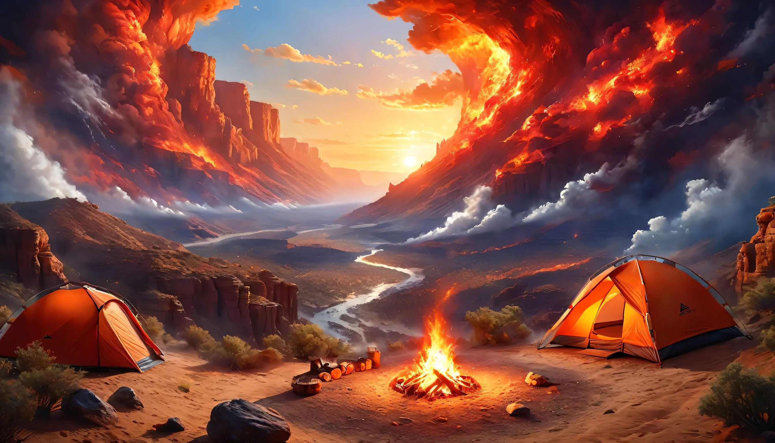 阿拉費德, 露營的照片 (帳篷: 1.2) 和小 (營火: 1,2), 在沙漠山頂上, 夕陽西下，天空呈現出不同的色調  (紅色的: 1.1), (橘子: 1.1), (天藍色: 1.1) (紫色的:1.1) 火營冒出濃煙, 可以看到沙漠峽谷和溝壑的壯麗景色, 地平線上有稀疏的樹木, 這是一個寧靜的時刻, 和平, 和放松, 最好的品質, 16k,  照片寫實主義, 國家地理獲獎攝影作品, 超廣角鏡頭, 憤怒星雲, 淑女影子